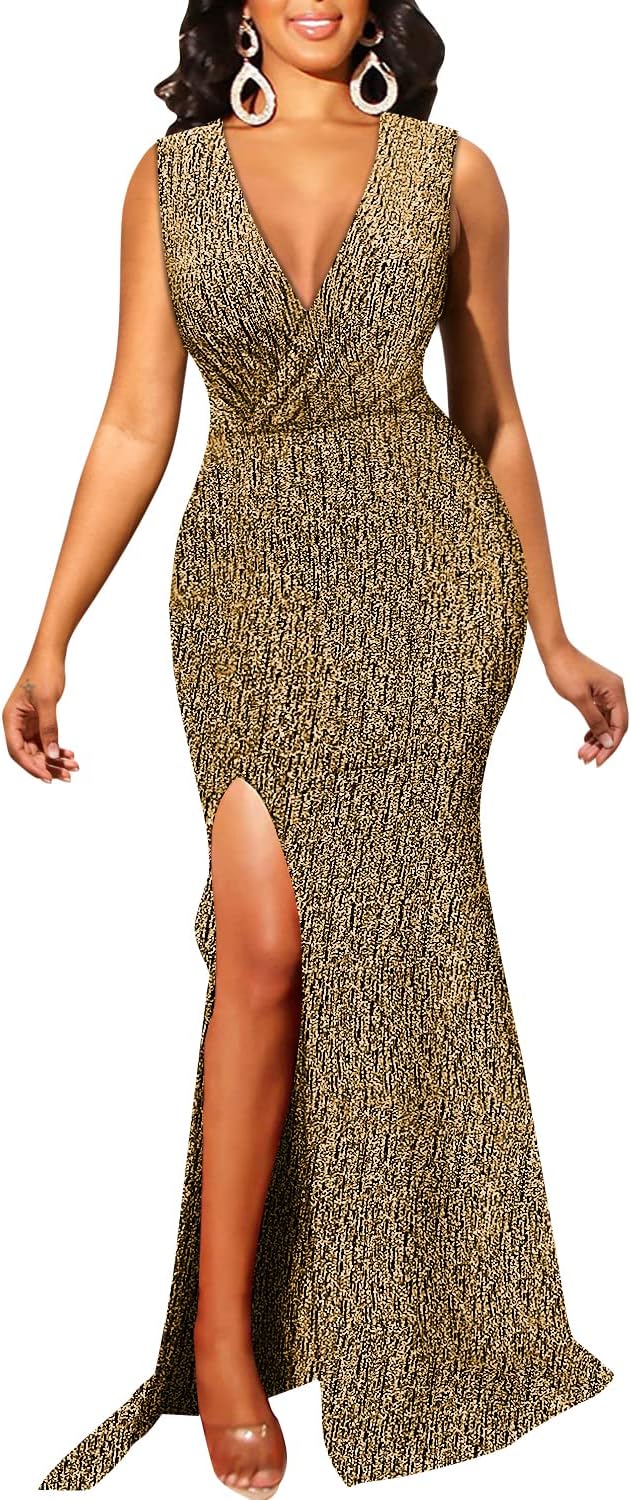 Women's Formal Long Sleeve Sparkly Maxi Dress V Neck High Slit Wrap Sexy Gown Cocktail Glitter Maxi Long Dresses - Image 4