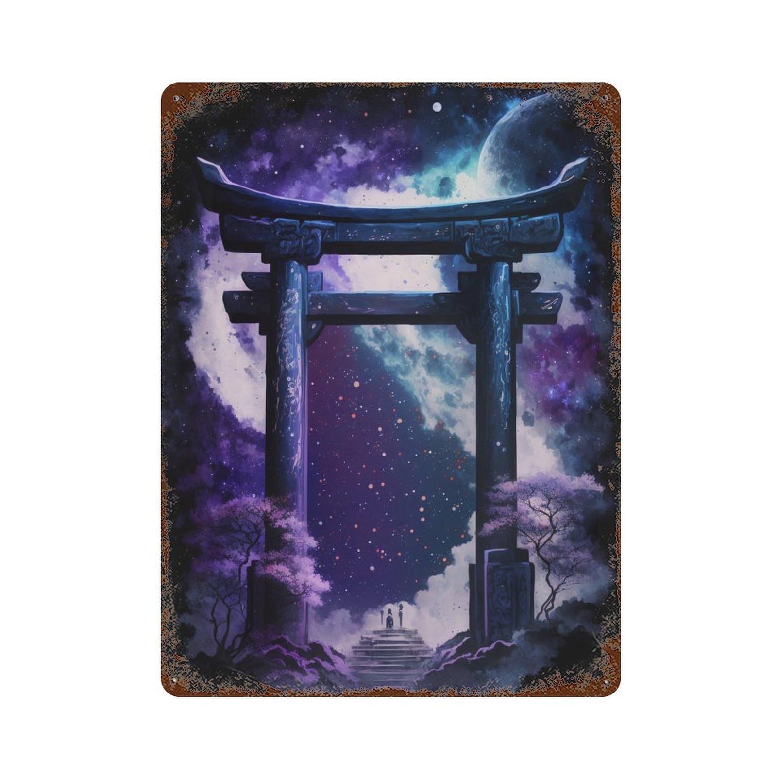 Distressed Metal Wall Sign Starry Night Torii Gate 15.7"x11.8", Old School Wall Decor for Bistro, Counter And Cafe Decor