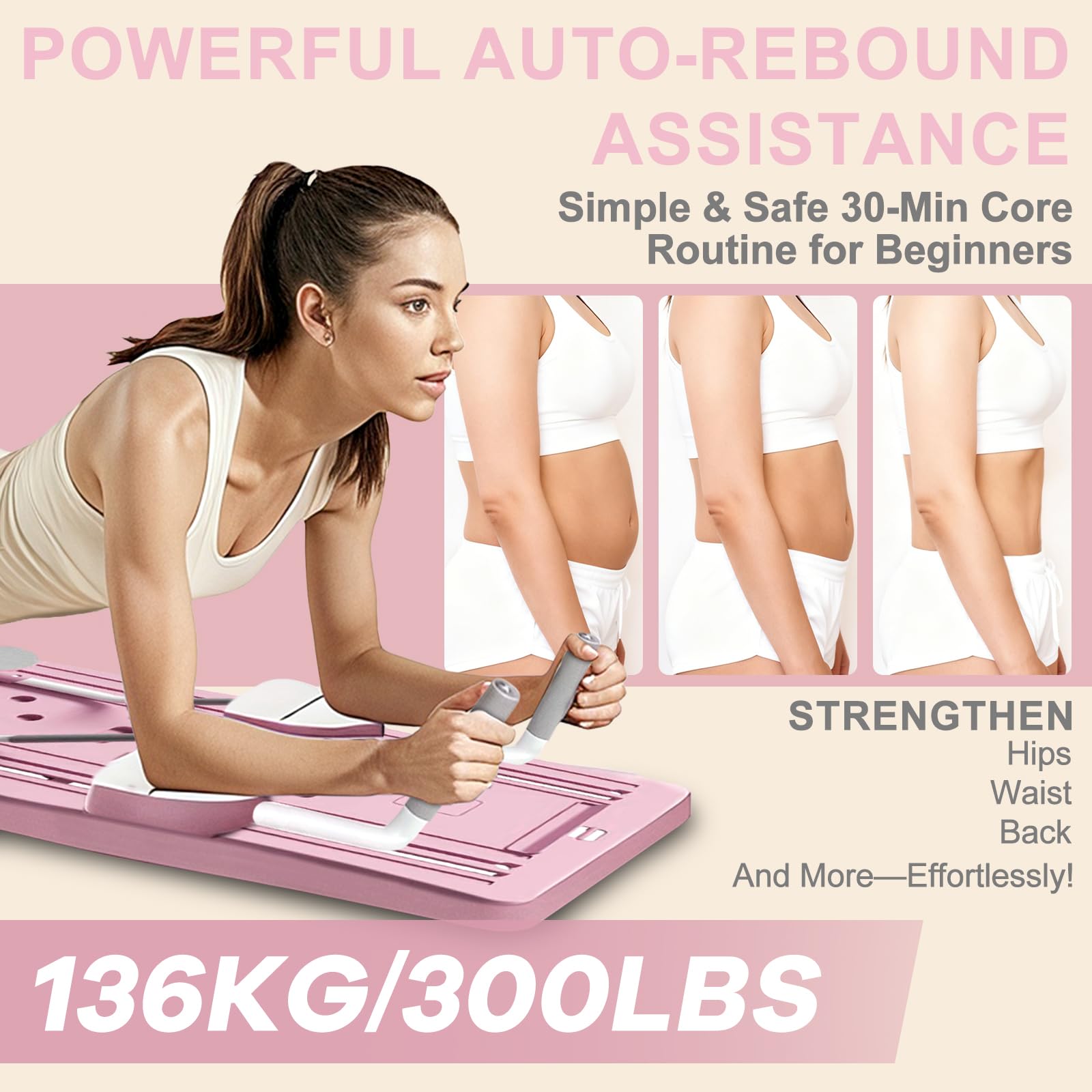 WingFly Pilates Reformer, 5 en 1 Pilates Board Pliable avec Roue Abdominale à Rebondissement Automatique et Minuterie, AB Roller Machine Multifonctionnel pour la Maison et la Salle de Sport