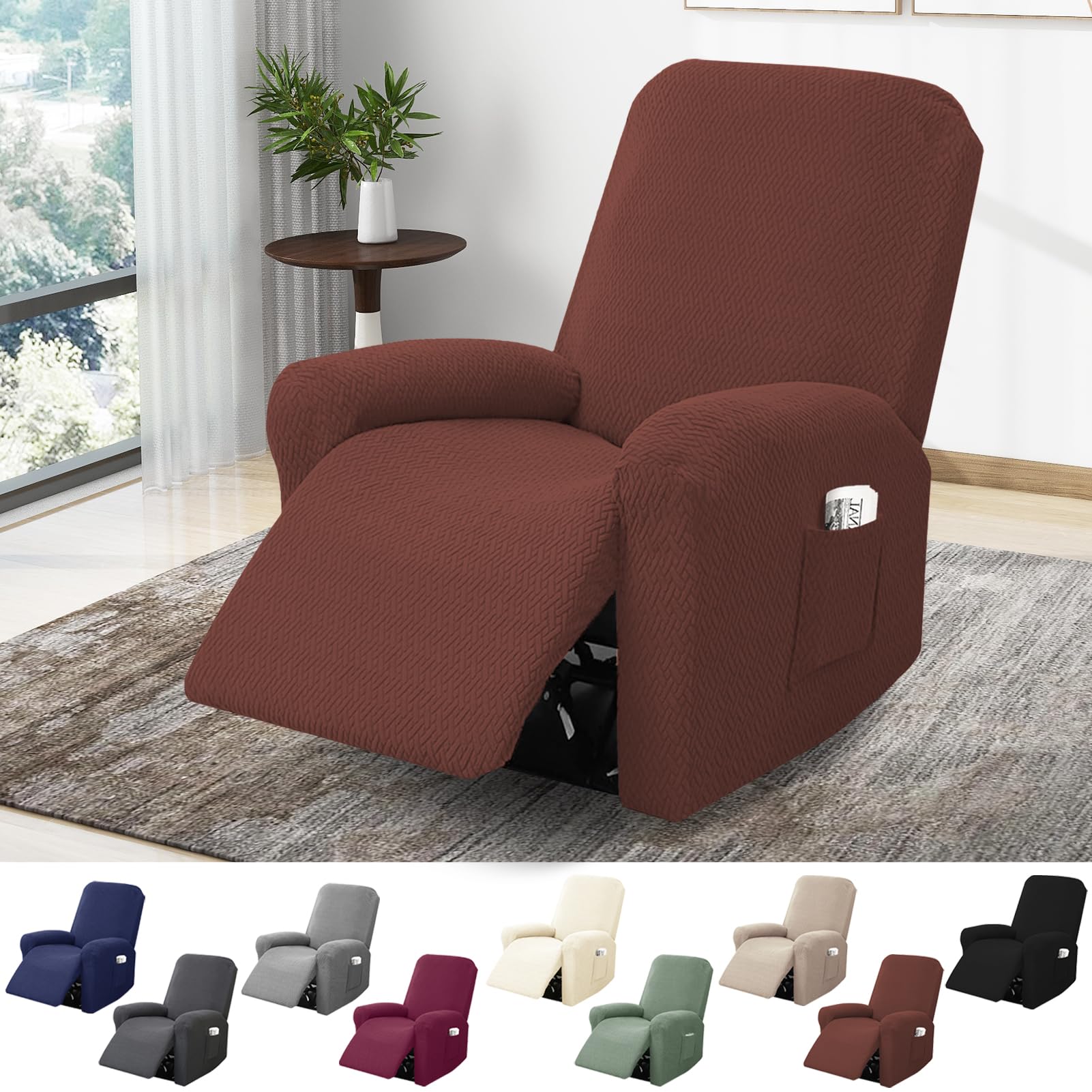 BOYIFEIJIE 1-Seater Recliner Chair Cover, All-Inclusive Striped Jacquard Armchair Slipcover with Pocket, Non-Slip Stretch Recliner Protector for Living Room Recliner Chair (Dark Brown, 4-Pieces)
