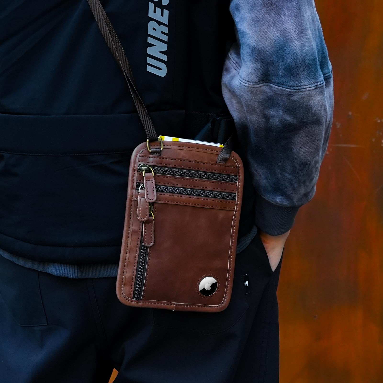 Polare Geldbörse aus Vollnarbenleder, RFID-blockierend, versteckt, Reisepasshülle, Reisetasche mit AirTag-Schlitz für Herren, Kaffee, Vintage