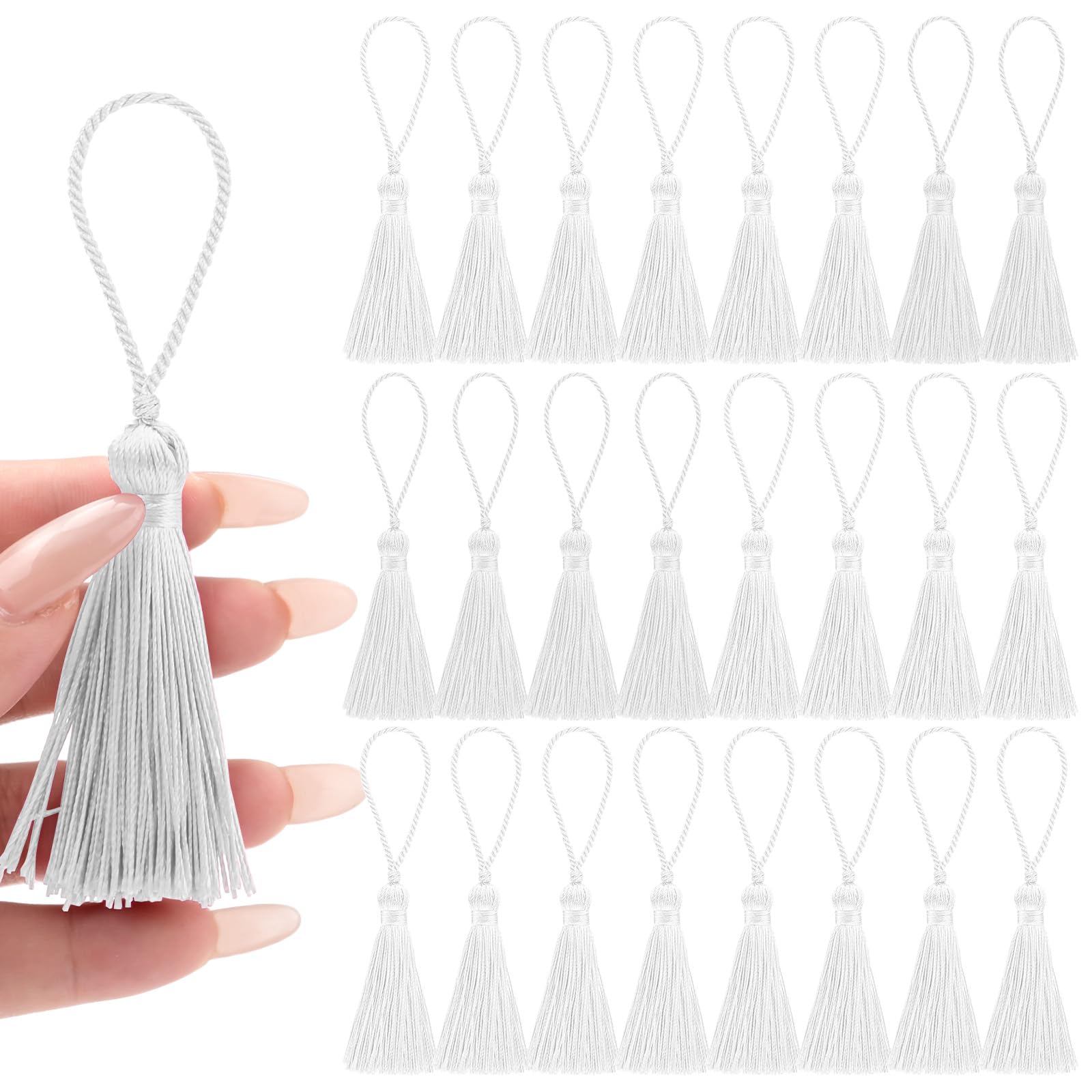 NACHLYNN 24PCS 4.3 Inch Handmad Silk Tassels for Crafts with 2 Inch Loops 2.37 Inch Tassels for Keychains Making DIY Jewelry Bookmarks Earrings Craft Accessory Tags(White)