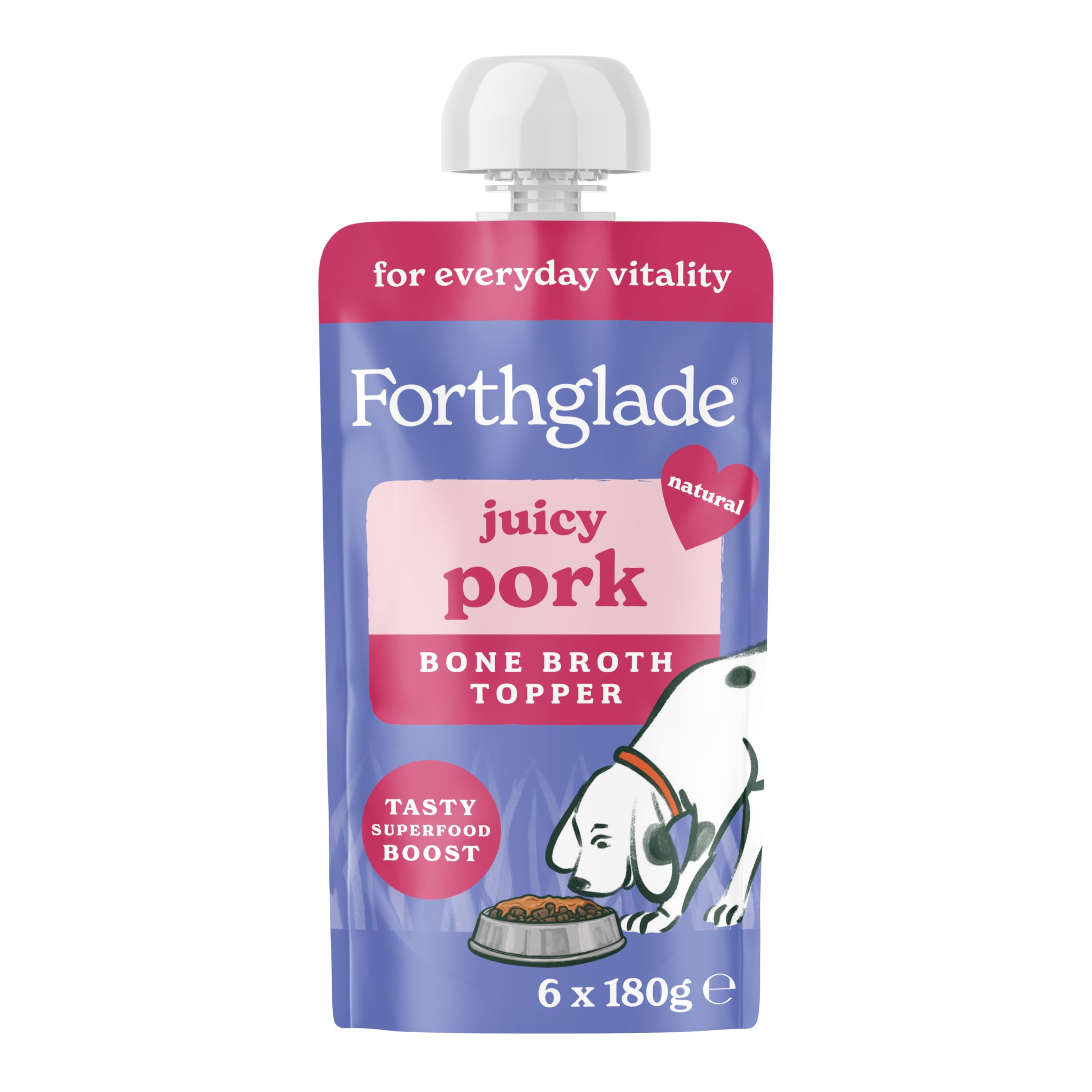 Forthglade Bone Broth for Dogs, Juicy Pork (6 x 180g) Grain Free & Hypoallergenic, Natural Ingredients with Superfood Boost, Dry Dog Food Topper, Supports Everyday Well-Being, Ages 4+ Months