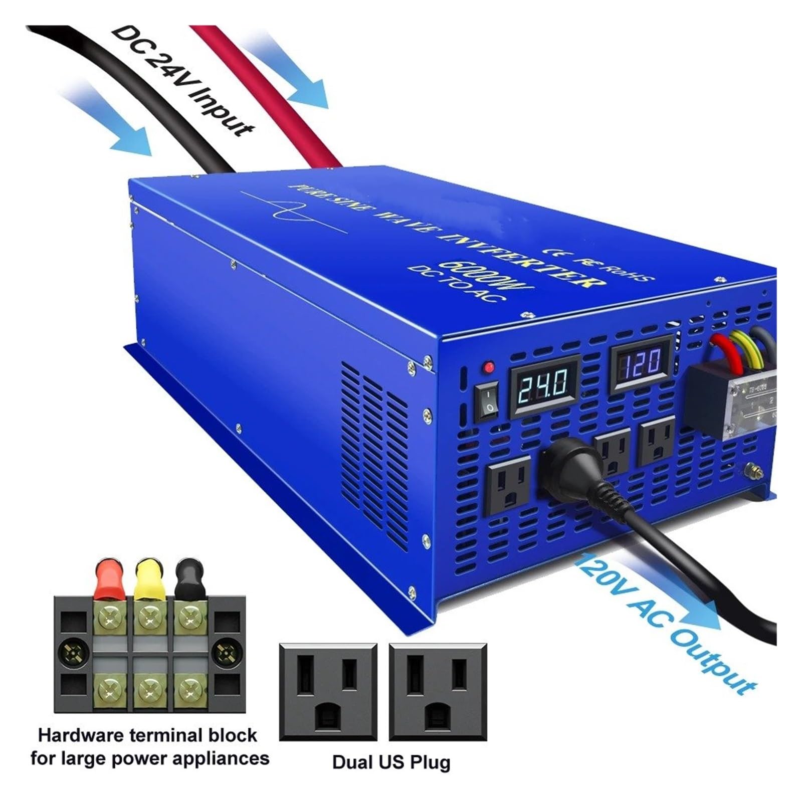 Convertidor Inversor de energía Solar Onda sinusoidal Pura 24 V a 220, 6000 W, convertidor Voltaje CC CA 12 V/36 V/48 V/72 V/96 V/110 120 V/230 V/240 Inversor(240V,France,12V)