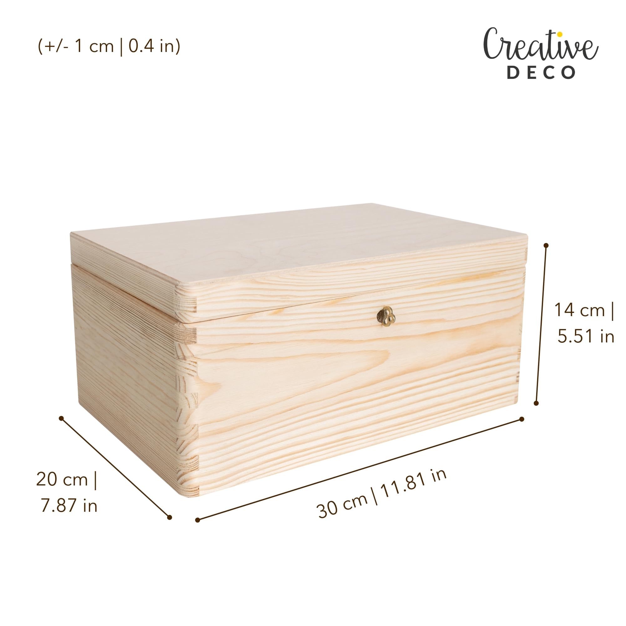Creative Deco Grande Scatola in Legno con Chiave, Scatola di Stoccaggio | 30 x 20 x 14 cm | con Coperchio per Decorare | Senza Maniglie | Perfetta per Documenti, Oggetti di Valore, Regalo