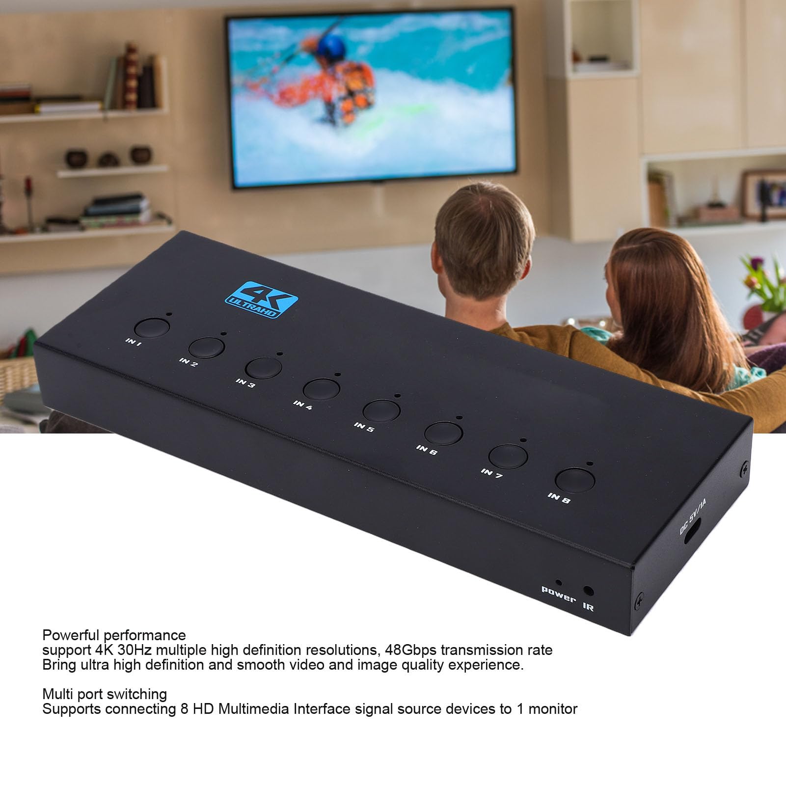 ASHATA Splitter HDMI 1 Ingresso 8 Uscite, Selettore Commutatore HDMI 1.4 8X1 con Telecomando, Duplicatore di Segnale HD 3D 4K 30Hz 1080P per PC Laptop, Plug and Play
