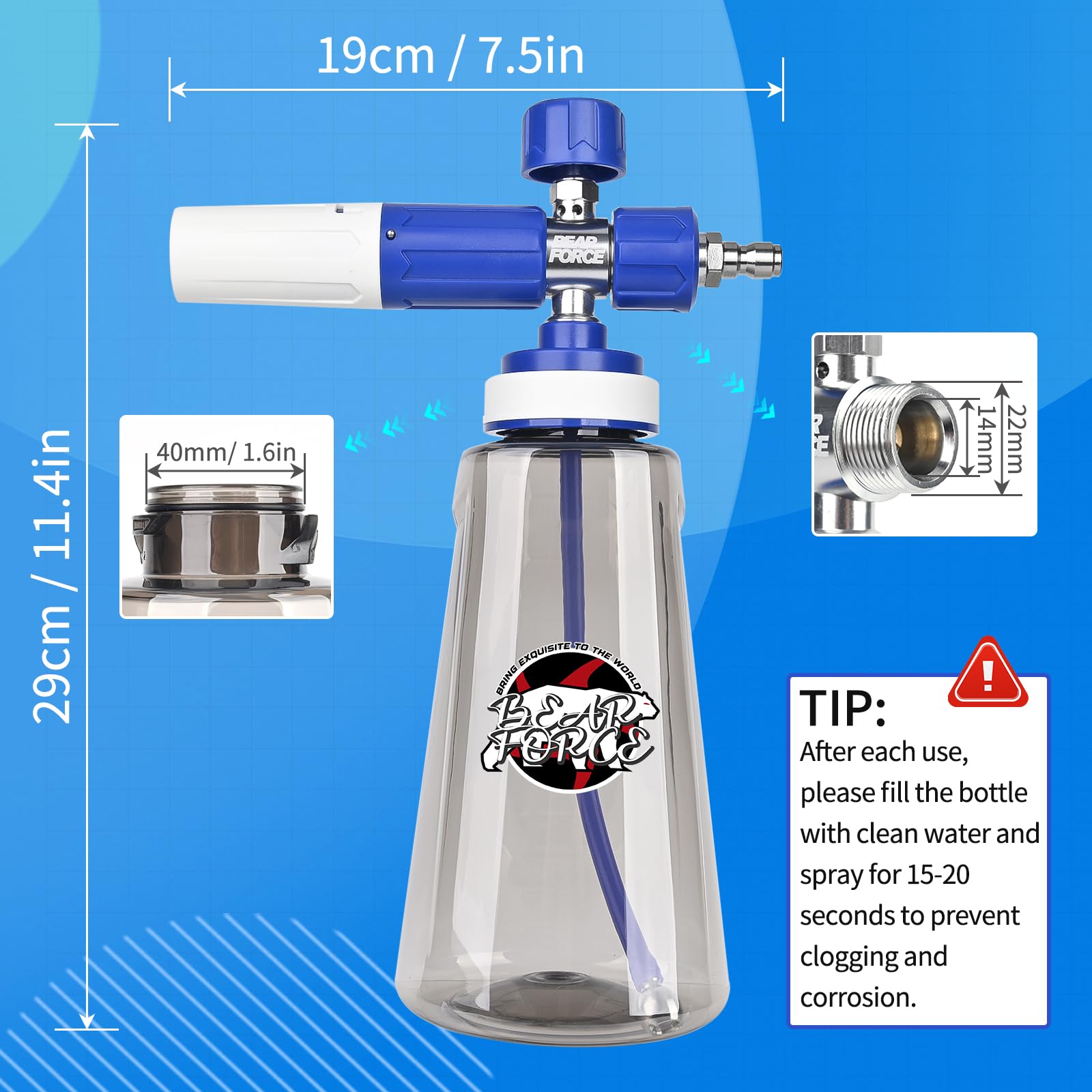 BEAR FORCE Cannone in schiuma aggiornato per idropulitrice da 1/4", connettore rapido con ugello spray regolabile a 360°, dispenser di sapone in schiuma da 1 l, con ugello spray regolabile di nuova