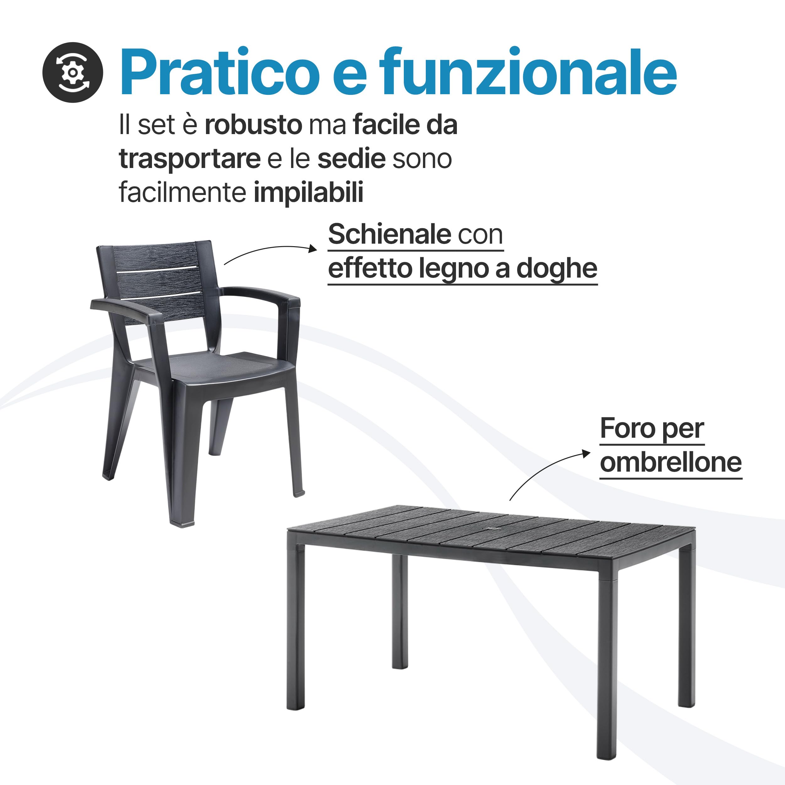 Tomaino Set Savana Tavolo da Giardino con 6 Sedie in Plastica Allungabile Nero