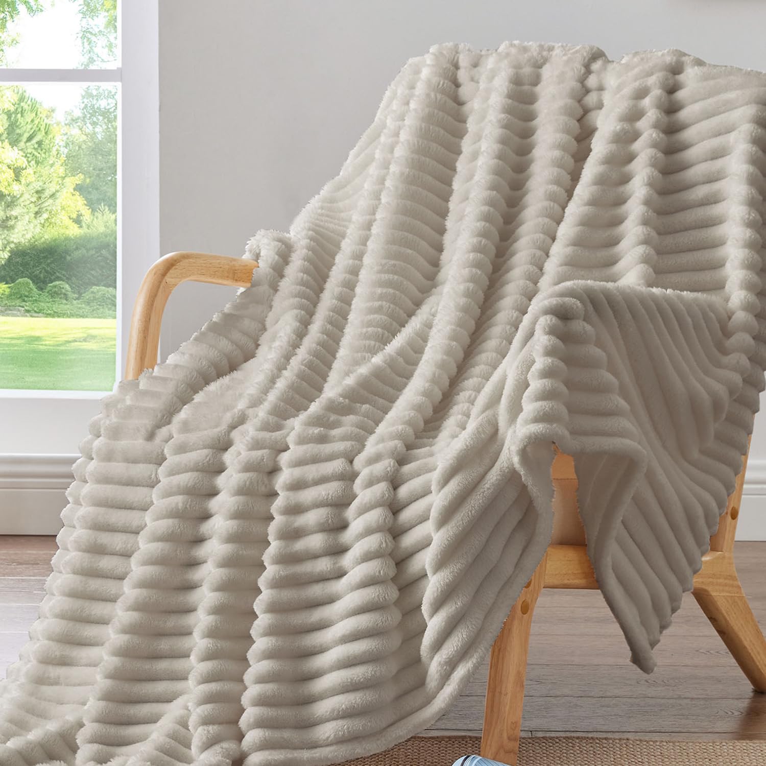 BEDELITE Fluffy Fleece Throw Blanket, Striped Decorative Soft Warm Gift for Sofa Bed Couch, Throw Size, Linen Beige — view 7