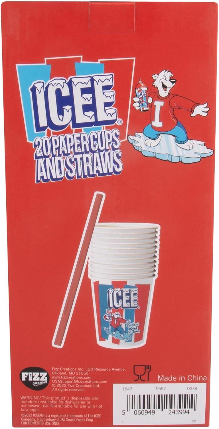 ICEE Officially Licensed 20-Pack Paper Slushie Cups & Straws – 9oz Disposable Frozen Drink Cups with Red Cardboard Straws for Parties, Home, and ICEE Machines.