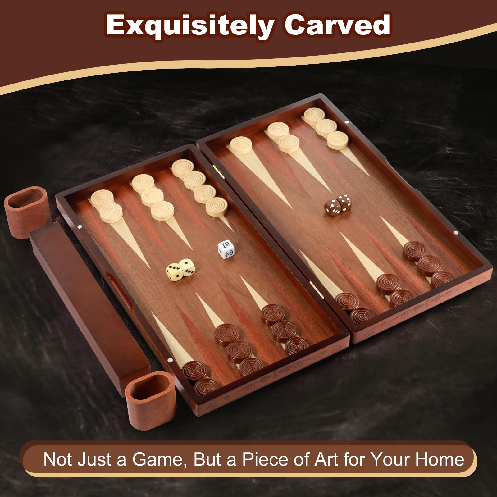 Lussuoso set da backgammon in legno fatto a mano - grande tavola da viaggio pieghevole da 16'' (40,6 cm) con pezzi di grandi dimensioni e scatola portaoggetti, gioco di strategia premium per due
