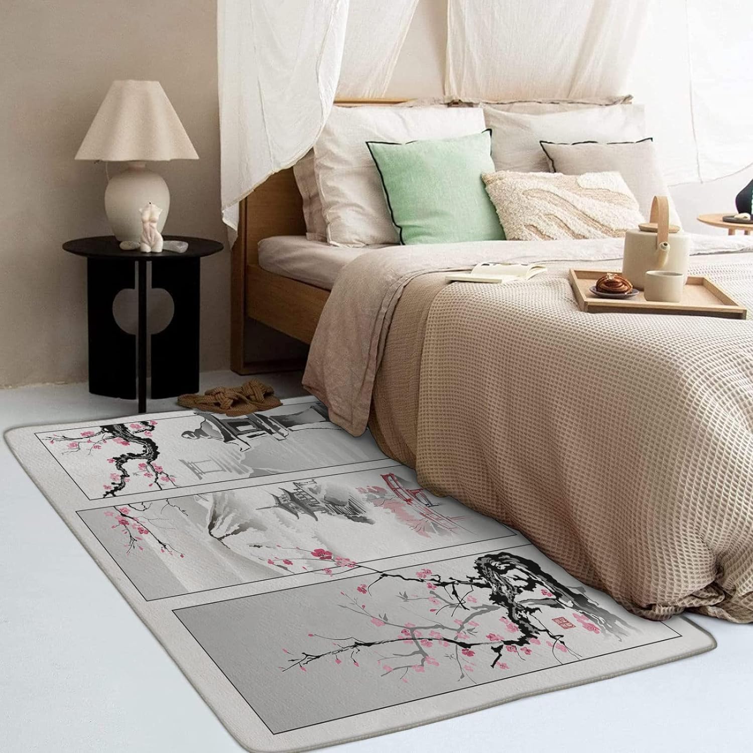 Tapis de Salon Fleurs de Cerisier Japonais 120x170 cm Poil Court Moderne Style Asiatique Gris 3D Doux Lavable Antidérapant pour Entrée, Cuisine, Chambre, Couloir Y4281