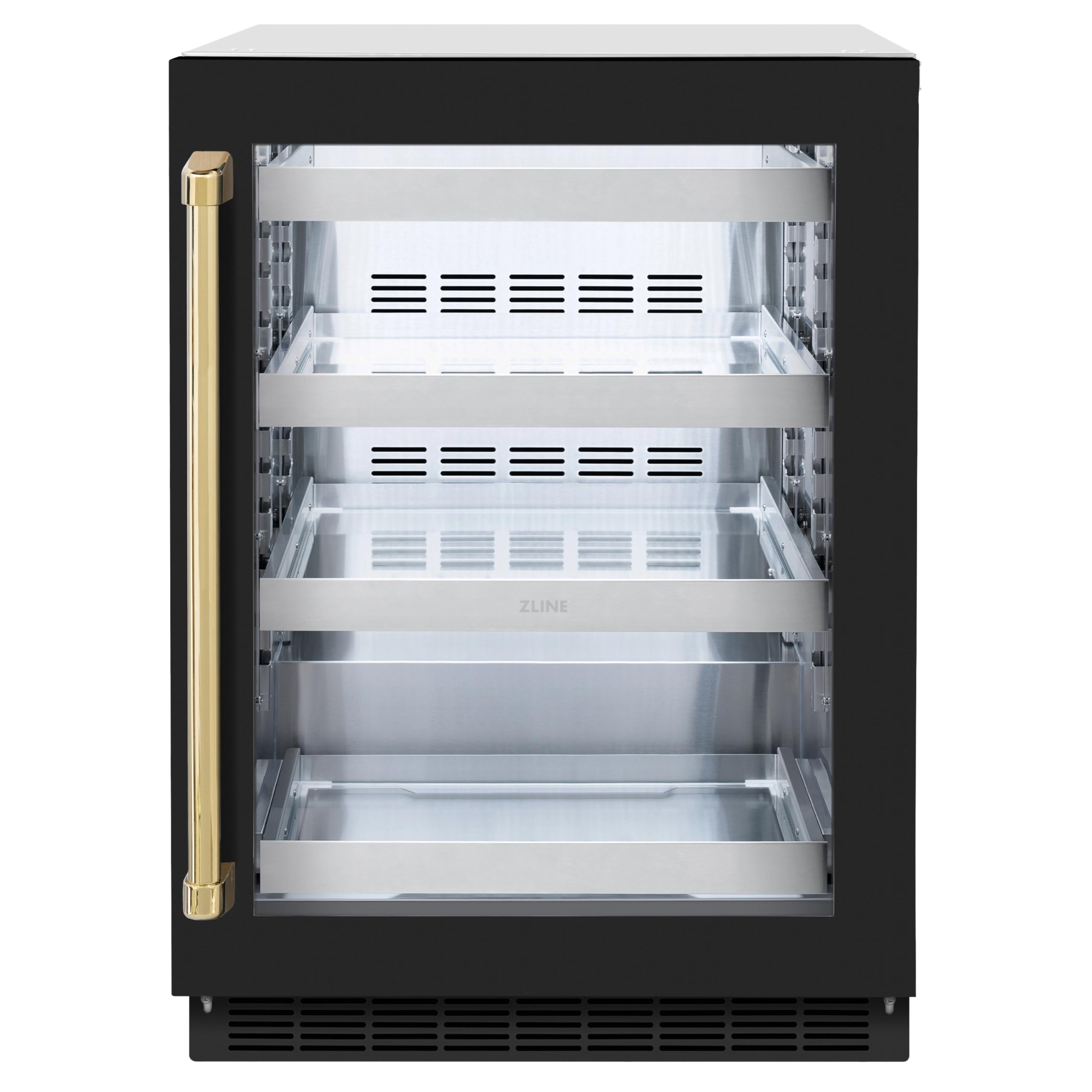 ZLINE Autograph Edition 24 in. Touchstone 151 Can Beverage Fridge With Black Matte Glass Door And Polished Gold Handle (RBSOZ-BLM-24-G)