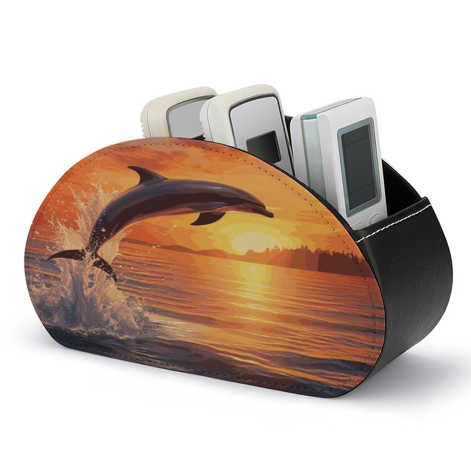 FekiLoot Sunset Dolphin TV Remote Control Holder with 5 Compartments Multi-functional Leather Bedside Table Remote Caddy Desktop Storage Box for Store Pen Controller Media Player Cosmetic