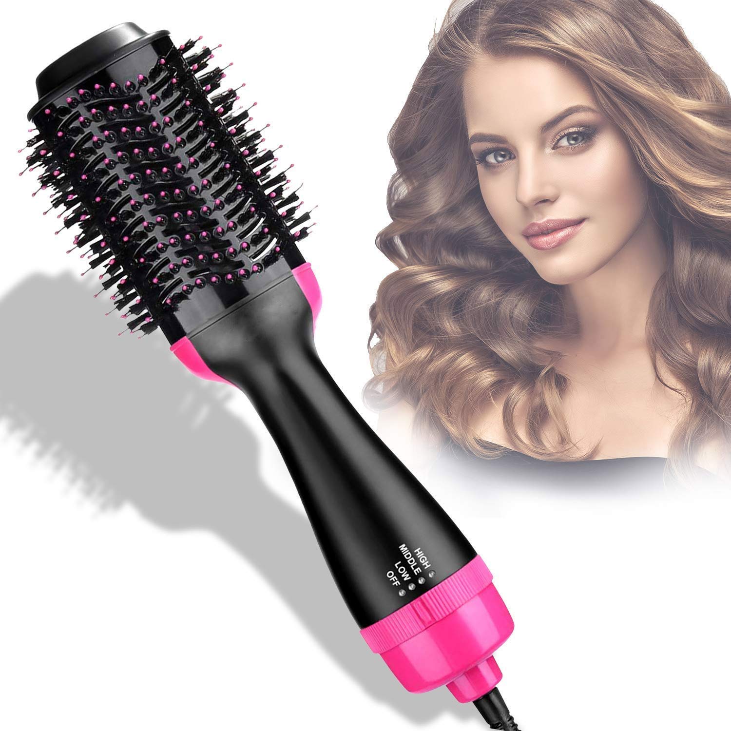 3 in 1 1000 Watts Electric One Step Hair Volumizer with Negative Ion Curling Rotating Blow Hair Dryer and Hot Air Straightening Brush, Black, Pink