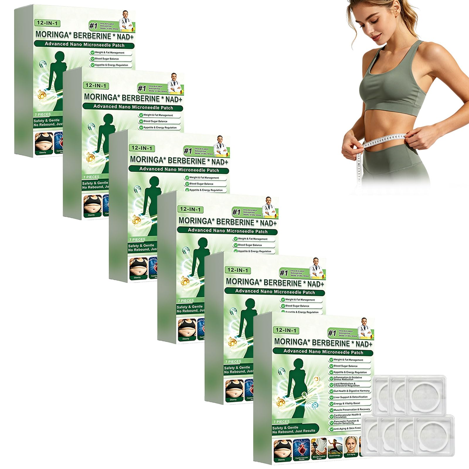6 Boîtes Moringa x Berberine Patch 12 en 1 avec NAD+, 6cm Grande Patche, Patch Nano Microneedle Minceur, Ingrédients Naturels, Doux & Efficace, Invisible Sous les Vêtements,pour Homme&Femme (6Boîtes)