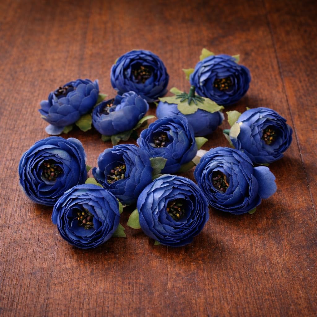 12 Pcs Artificial Peony Rose Flowers | Fabric Floral Heads for Hamper Decor, Wedding Bouquets, Mandir Pooja, DIY Craft, Gift Wrapping & Festival Decorations (Blue)-image-1