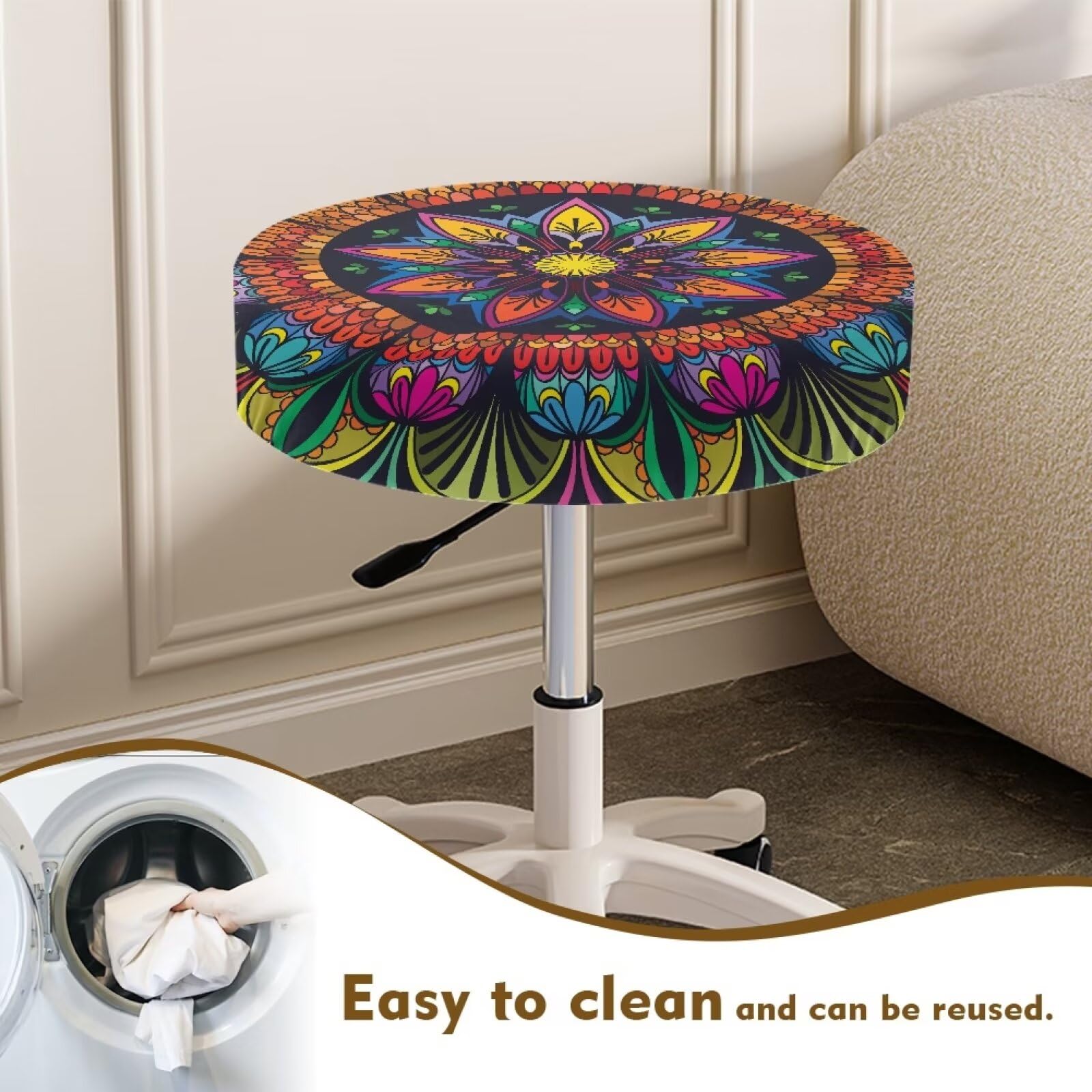 Hockerbezüge, rund, buntes Mandala-Blumenmuster, dehnbar, staubdicht, rauer Barhocker, Stuhlhussen mit elastischem Rand, einfach zu installieren (groß, 4 Stück)