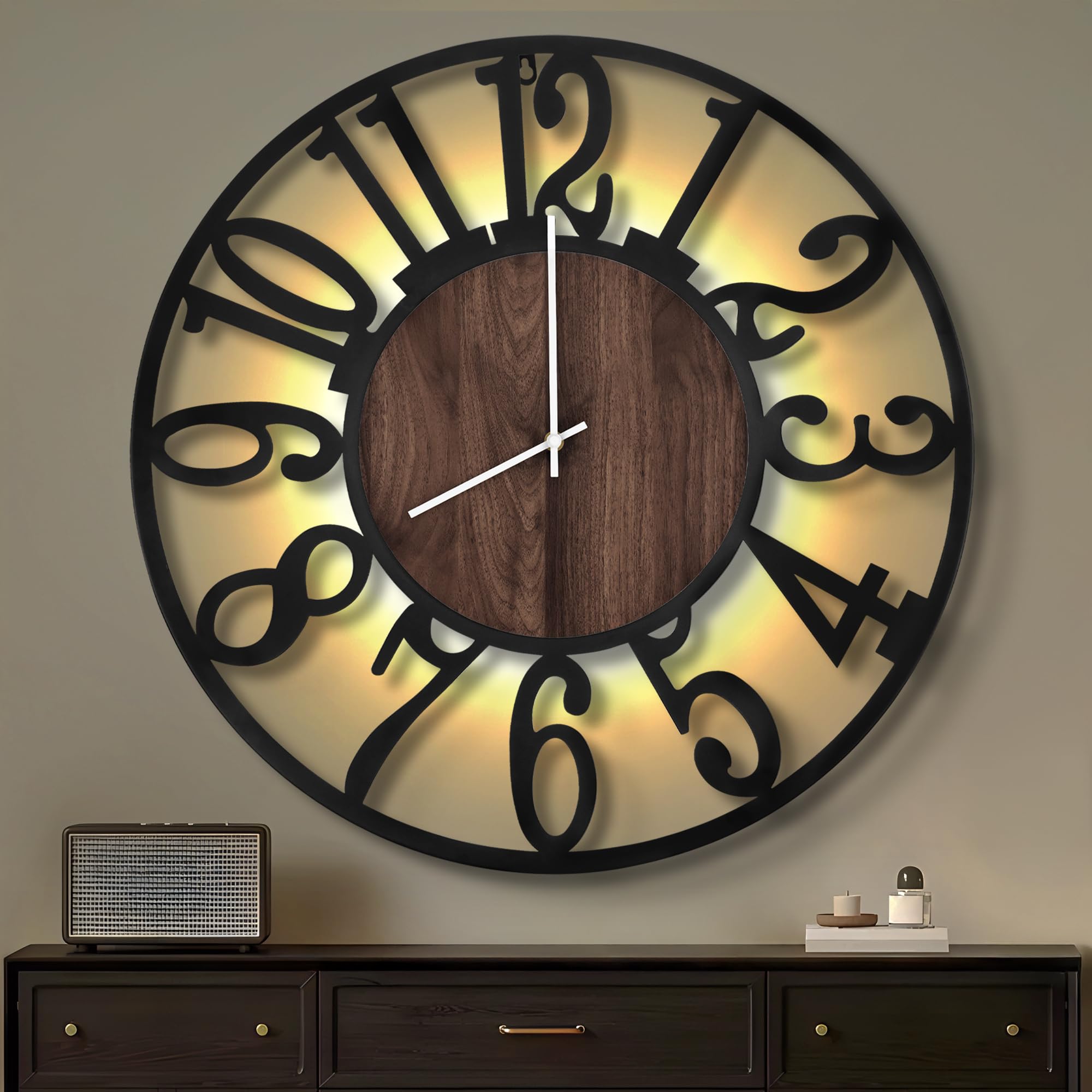 Maxstar 80CM Large Wall Clock for Living Room, Battery Operated,Nearly Silent,Wood Style,Modern Led Wall Clock for Bedroom,Garage,Office,Dining Room, Kitchen Decor(Arabic numeral,Black-32)