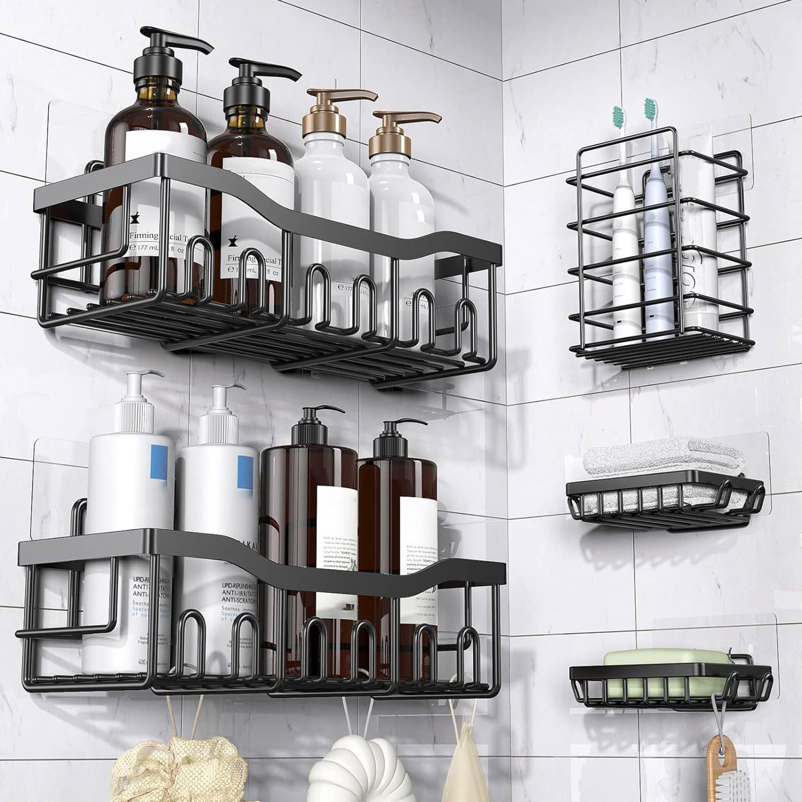 GlamorLuxe Shower Caddy 5 Pack Shower Organizer Rack for Inside Shower Self Adhesived Shower Shelf Large Capacity Rustproof