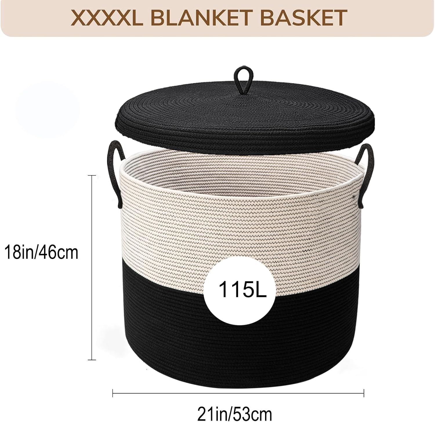 21" x 18"Extra Large storage baskets,Eco-friendly rope baskets with lid,blanket basket living room with lid,hampers for bedroom,big,round, Black 115L