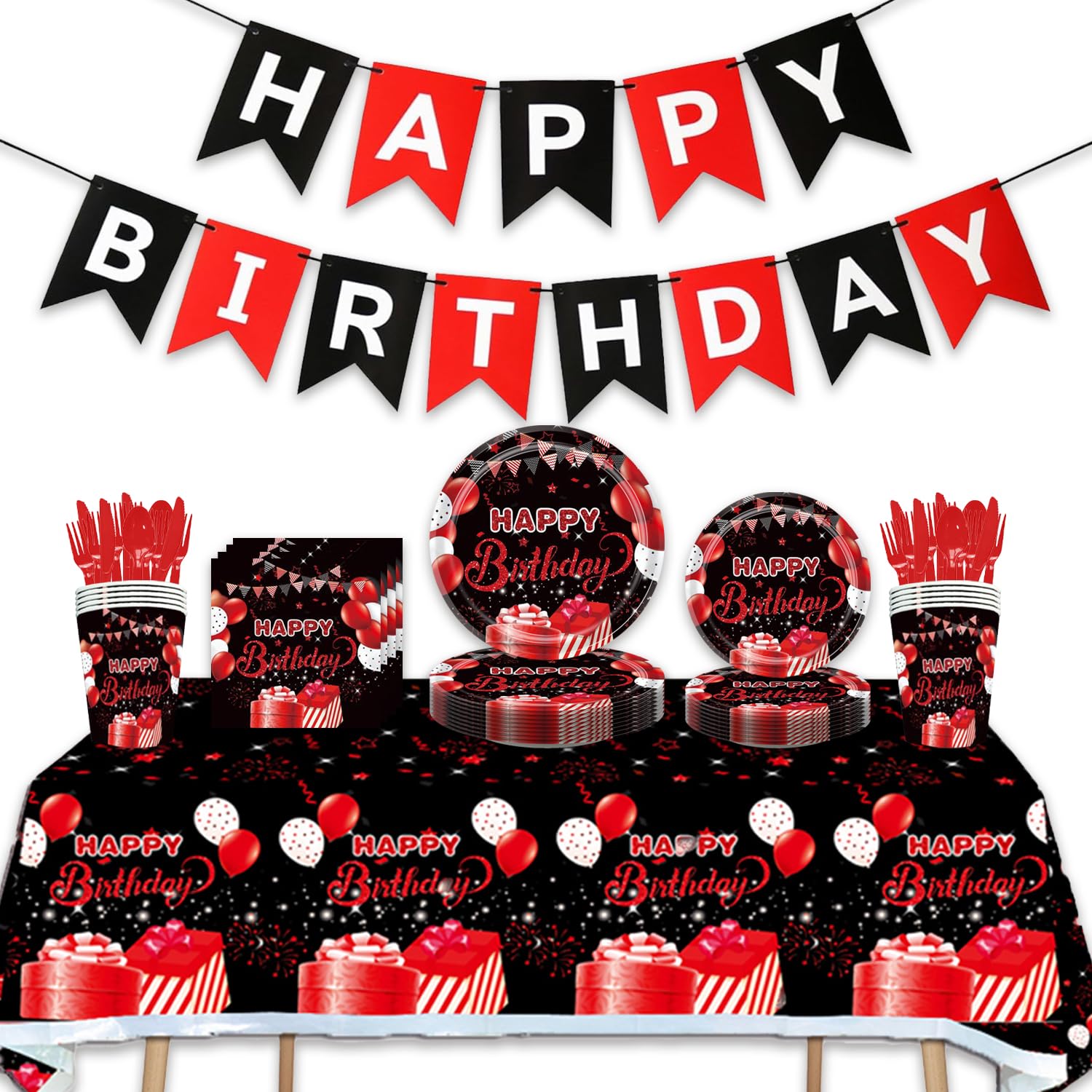 142Pcs Red and Black Birthday Party Tableware Set Inculde Plates Napkins Knives Forks Spoons Cups Banner and Tablecover Red and Black Birthday Party