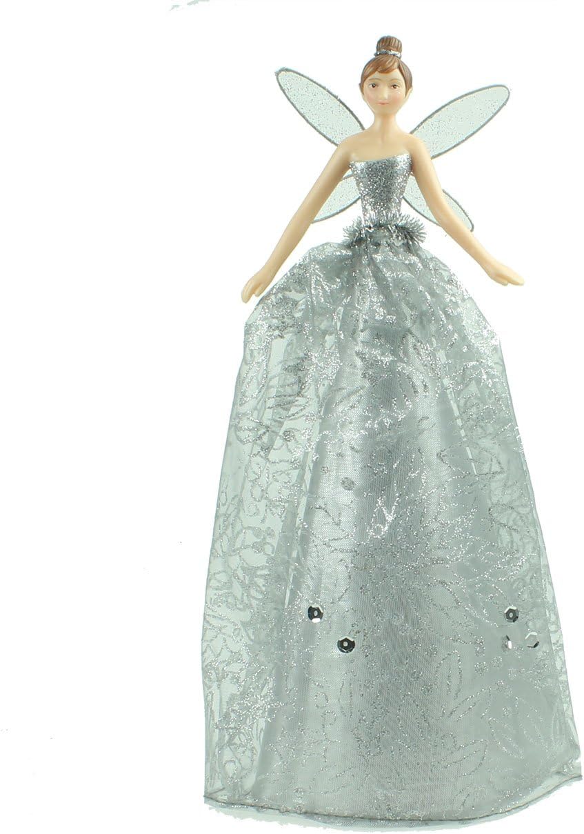 Gisela Graham Silver Angel Christmas Tree Topper with Patterned Skirt (29cm)