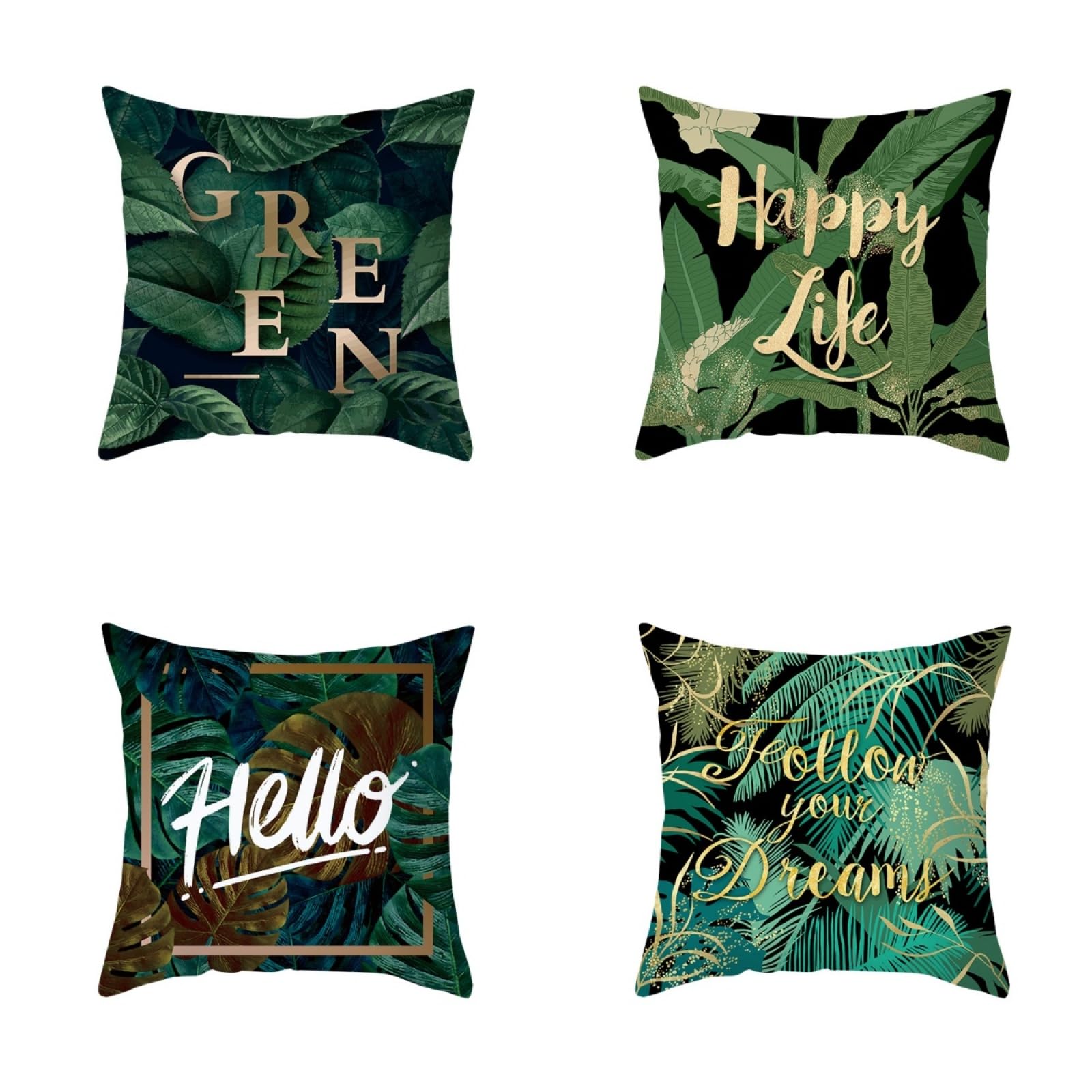 Pillow Cases 4 Pack Green Yellow Cushion Covers Soft Linen Cushions with Covers Included Washable Sofa Cushions with Invisible Zip Pillowcase Pillow Cover Breathable Cushion Cover 45x45cm