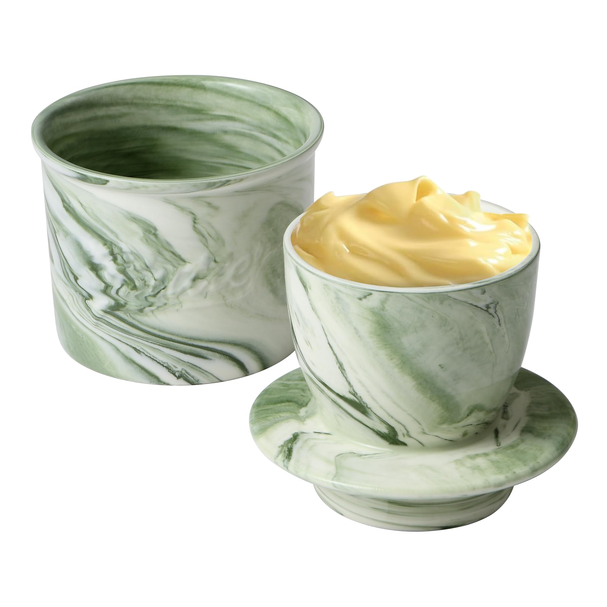 Green Stone French Butter Dish French Butter Dish with Lid, Get on Demand Spreadable Butter, Ceramic Butter Keeper to Leave on Counter with Water Line