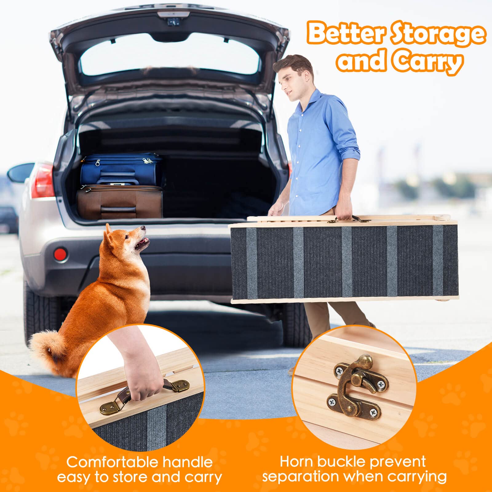 Upgraded Pet Ramp For Bed, Couch & Car - 6 Adjustable Height, Non-Slip, Folds For Storage, Supports Up To 200 Lbs (41.5 X 14.4 Inches)