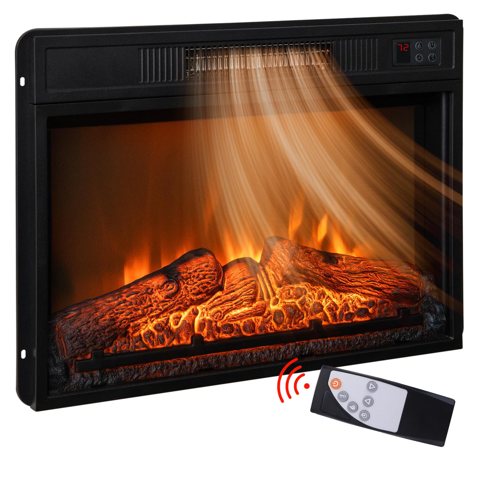 HolliWill 23 Inches Electric Fireplace Insert Heater, Realistic Adjustable Flames and Wireless Remote Control, Built-in Timer & Thermostat, Overheat Protection, Indoor Black 3D Infrared Fireplace