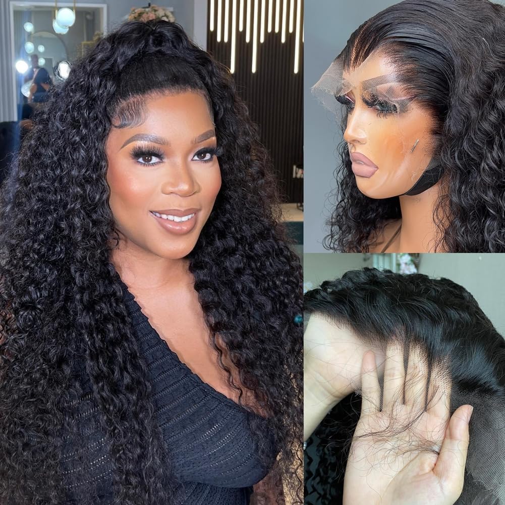 Real HD Invisible Lace Frontal Wigs,13x4 Full Frontal Large Space Hair Wig Deep Curly Style 200% Density Human Hair Clean Hairline Pre-plucked Bleached Knots Natural Color 20inch