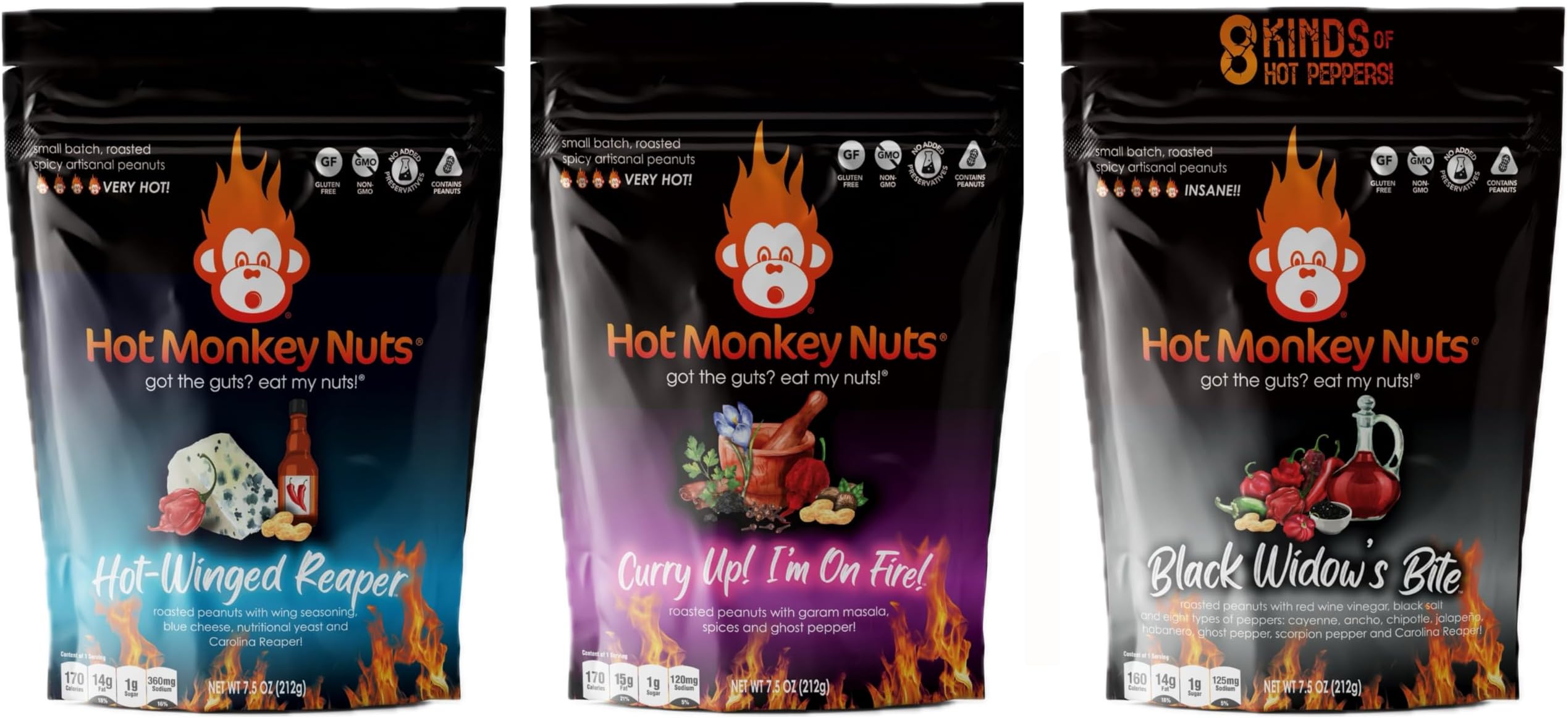 3-Pack Spiciest Peanuts | Black Widow's Bite, Hot-Winged Reaper, and Curry Up! I'm on Fire - Spicy Nuts - 3 Hottest Flavors | Hot Monkey Nuts Spicy Artisanal Peanuts