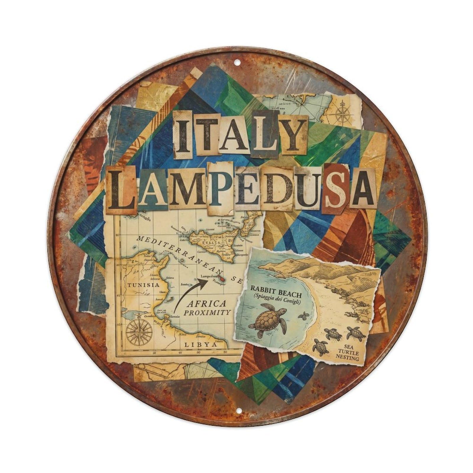 Lampedusa Turtles Italian Collage Style Wildlife Travel Metal Tin Sign Plaque Wall Decor for Cafe, Man Cave, Club Bar, Office, Home Garden Round Metal Poster 8x8Inch