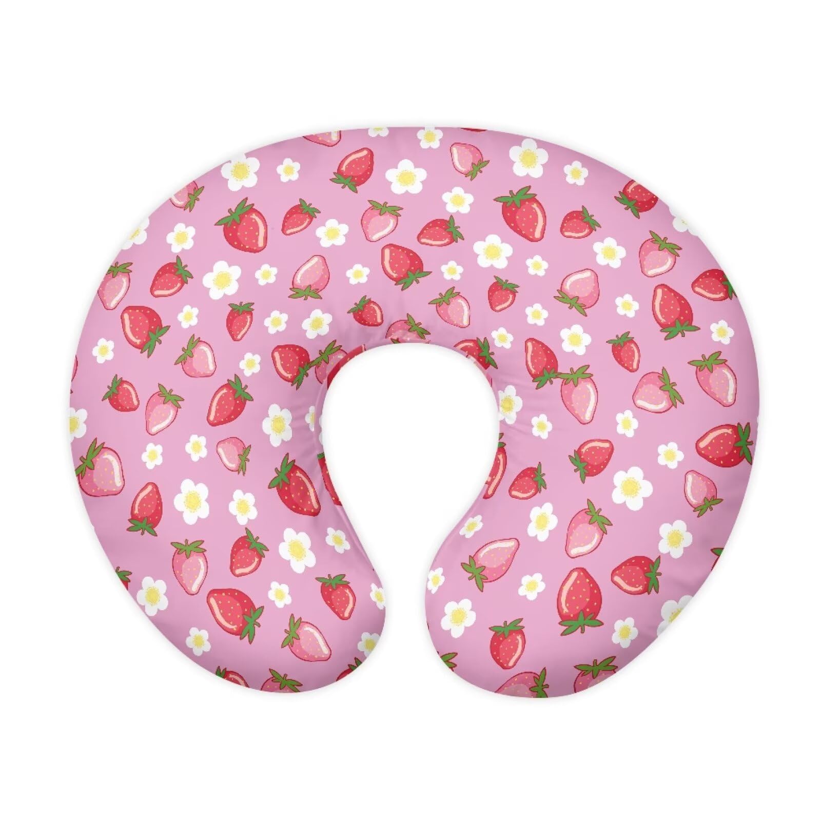 Urndoeng Pink Nursing Pillow Case For Girl, Fits Standard Size u-Shaped Nursing Pillows, With Hidden Zipper, Cover Only, Strawberry Print