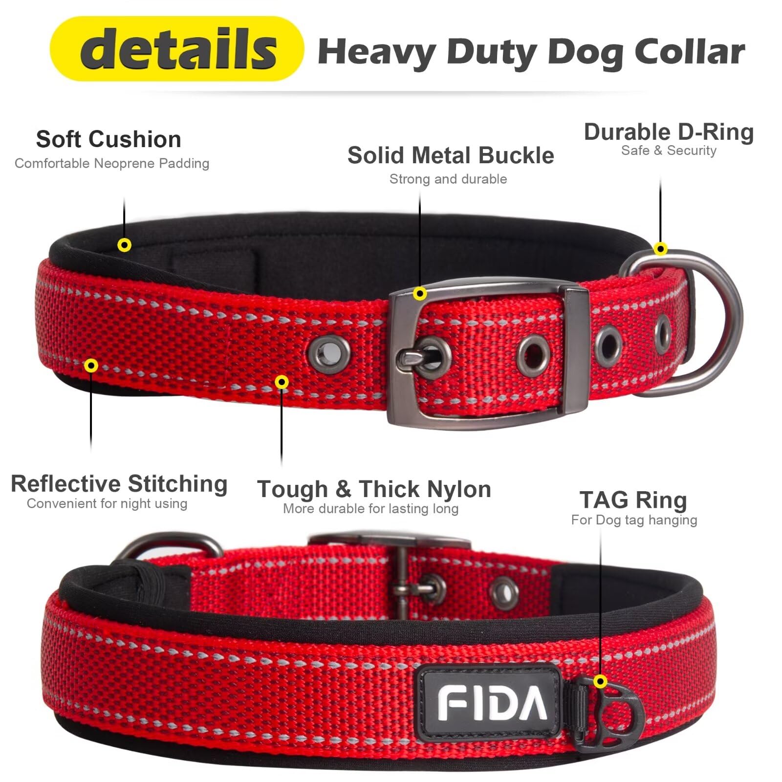 Fida Gepolstertes Hundehalsband – Reflektierend, Doppellagig & Mit Metallschnalle Für Große Hunde