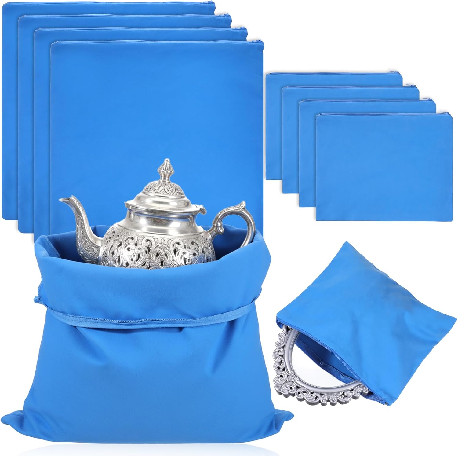 8 Pcs Zippered Silver Storage Bags, 18 x 18 Inch/12 x 9 Inch Anti Tarnish Silver Storage Pouches Blue Silvers Protector Cloth Pouch for Jewelry, Silverware, Toy, Home, Kitchen
