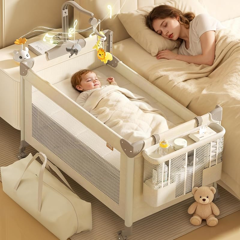4-in-1 Pack and Play with Bassinet Bedside Sleeper for Baby Playard | 4-Level Height-Adjustable, One-Touch Foldable Travel Crib with Changing Table, Music Mobile & 4 Wheels for Newborn to Toddler