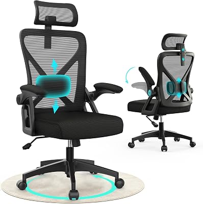 Bürostuhl, ergonomischer Schreibtischstuhl mit gepolsterter Lendenwirbelstütze und hochklappbaren Armlehnen – Computerstuhl mit hoher Rückenlehne, verstellbarer Kopfstütze und bequemem Sitzkissen zum