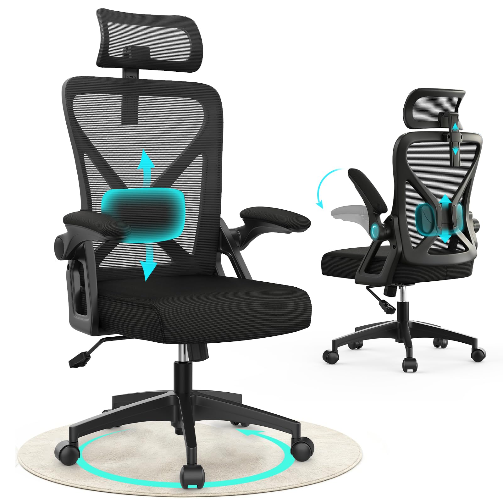 Bürostuhl, ergonomischer Schreibtischstuhl mit gepolsterter Lendenwirbelstütze und hochklappbaren Armlehnen – Computerstuhl mit hoher Rückenlehne, verstellbarer Kopfstütze und bequemem Sitzkissen zum