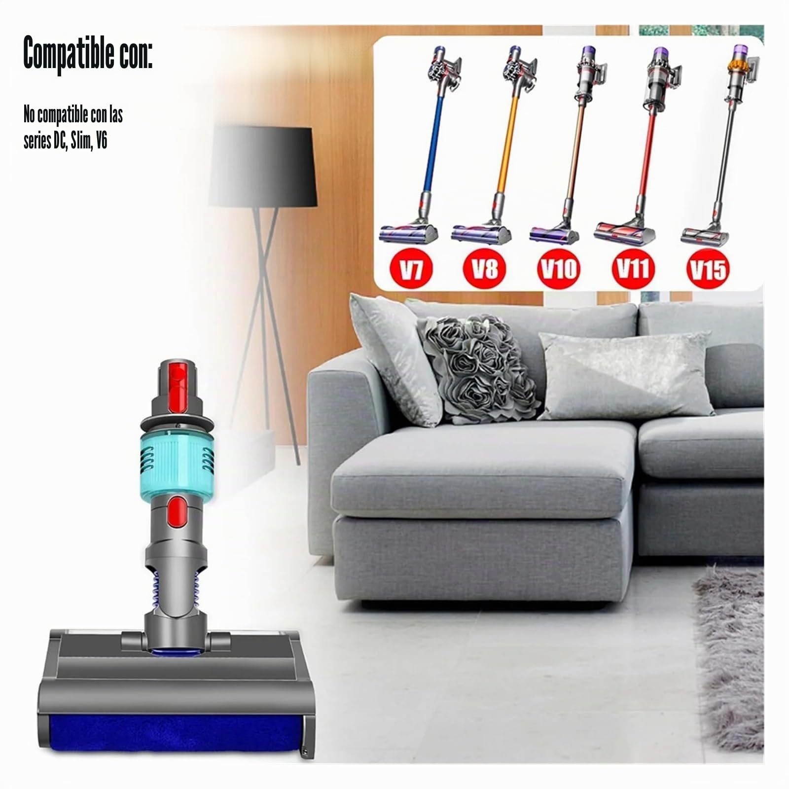 Compatible con Dyson, V7 V8 V10 V11 V15 Cabezal Limpieza Verde | V7, V8, V10, V11, V15, cabezal limpieza, luz verde, suelo duro, recogida pelo, suelta rápida, anti enredo