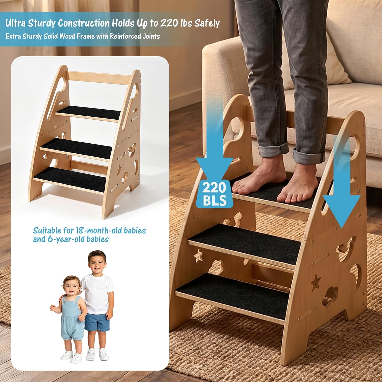 Toddler Step Stool, Height Adjustable 3-Step Kids Wooden Step Stool with Safety Handrails, Non-Slip Pads, 220lbs Heavy Duty Kids Stool for Bathroom Sink, Kitchen Counter & Potty Training