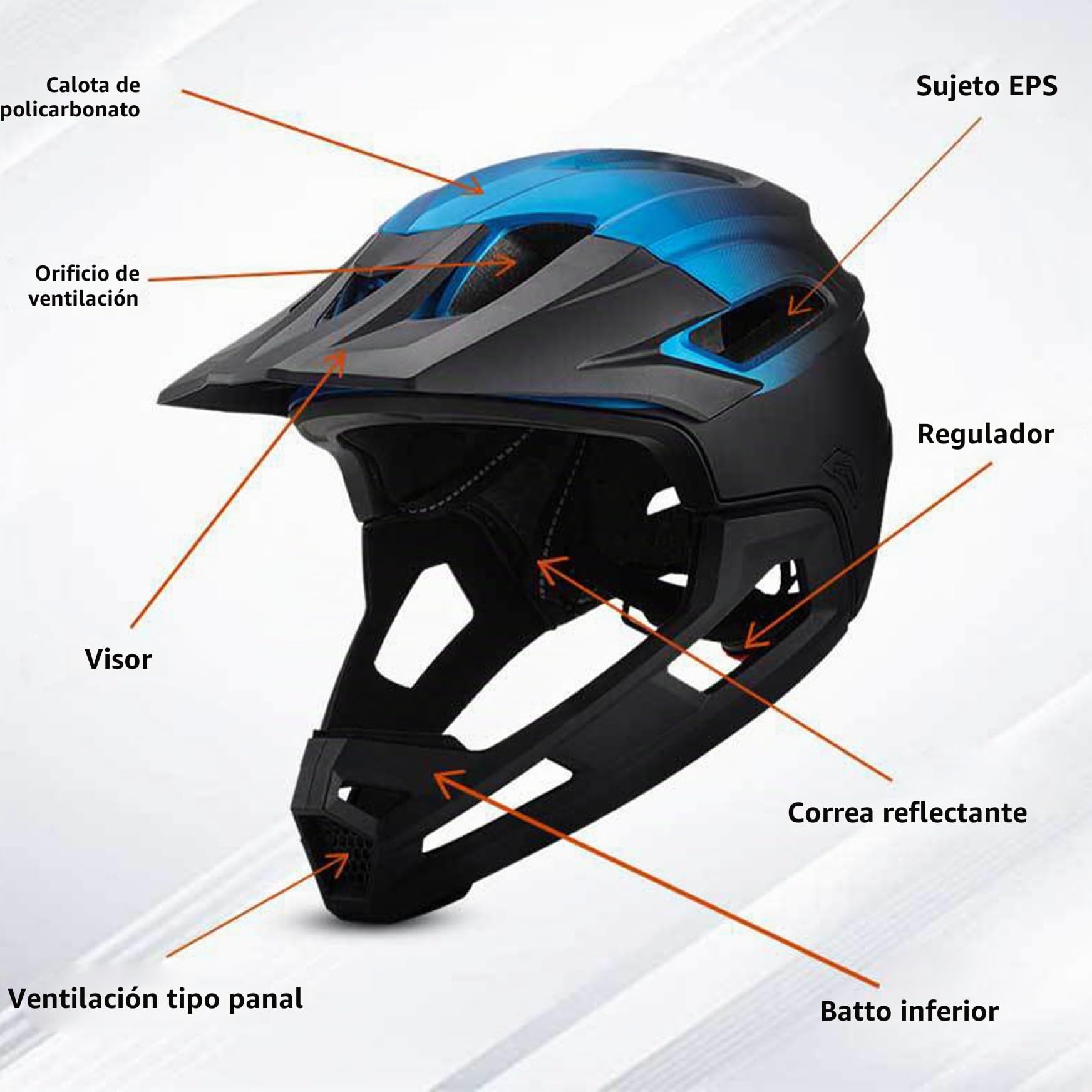 Casco de Bicicleta de montaña para Adultos, Transpirable, a Prueba de Golpes, de policarbonato, Integral, con Soporte de Barbilla Desmontable, Ajustable, Unisex, Negro y Azul, Protector de Cabeza