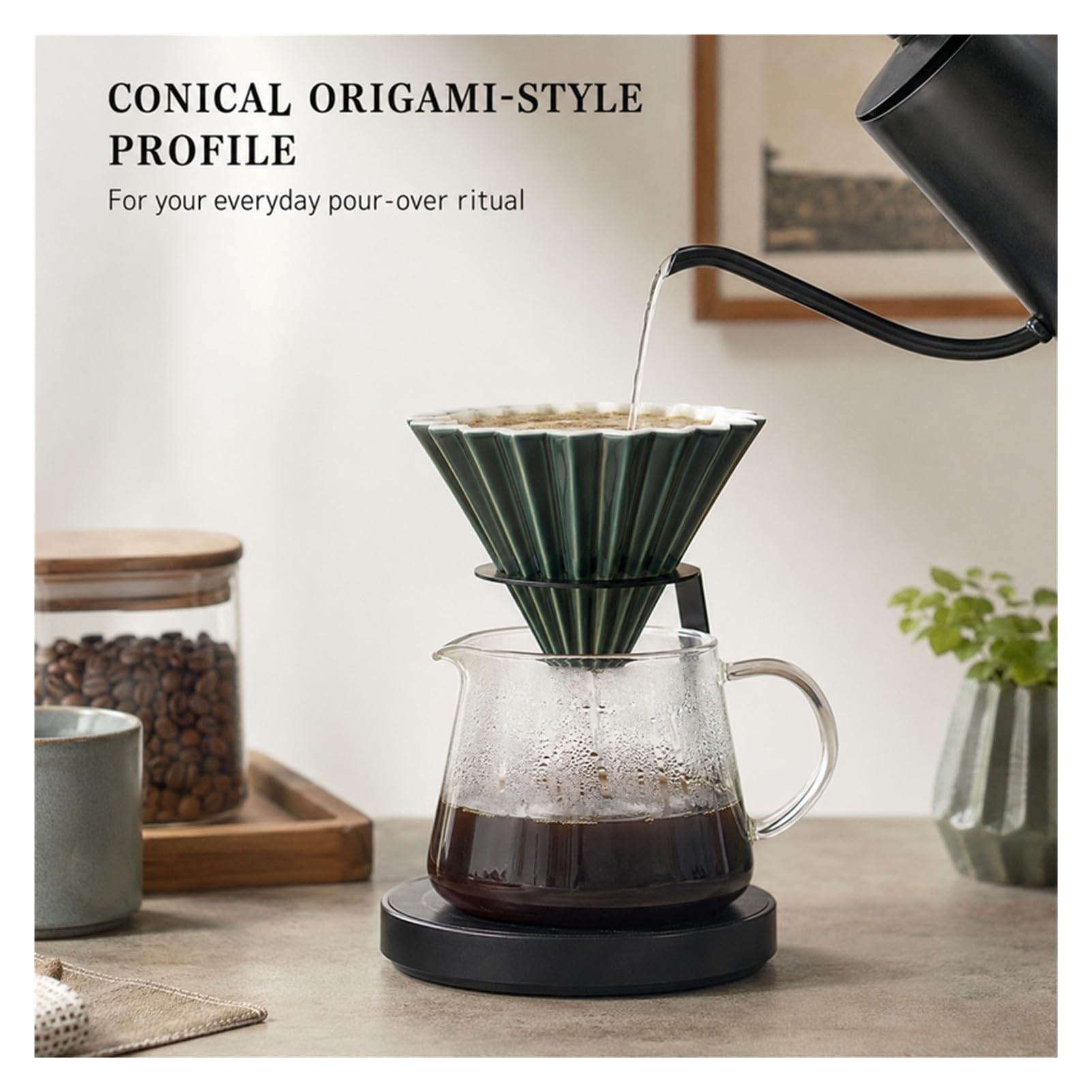 Dripper Caffè in Ceramica, Grande Filtro Manuale da 2–4 Tazze, Cono Stile Origami con Scanalature per Filtri Carta Misura 02 e Ondulati 185(Red)