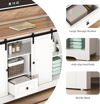 Farmhouse TV Stand for 60 Inch TV, 30 Tall Entertainment Center with 2 Drawers & Sliding Barn Door, Rustic Media Console with Storage Shelves, 55 Wood Television Stand for Living Room, White