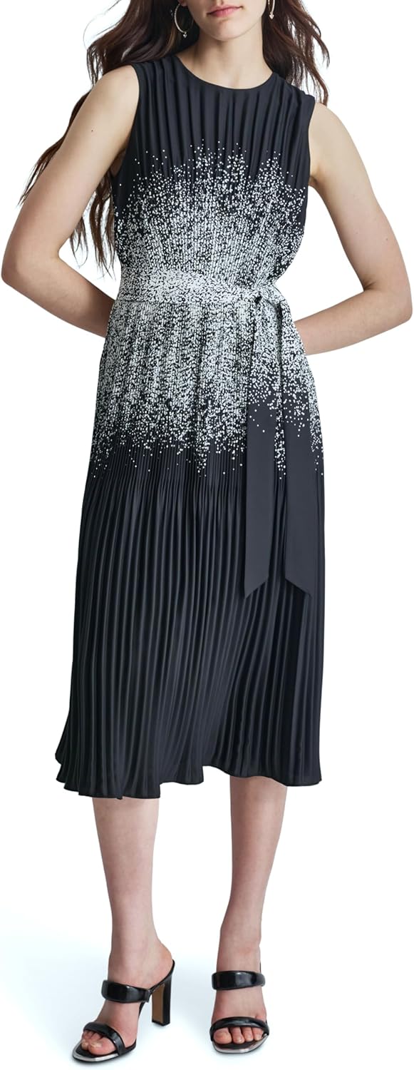 DKNY Womens Sleeveless Jewel Neck Pleated Midi Dress with Removable Belt - Image 2