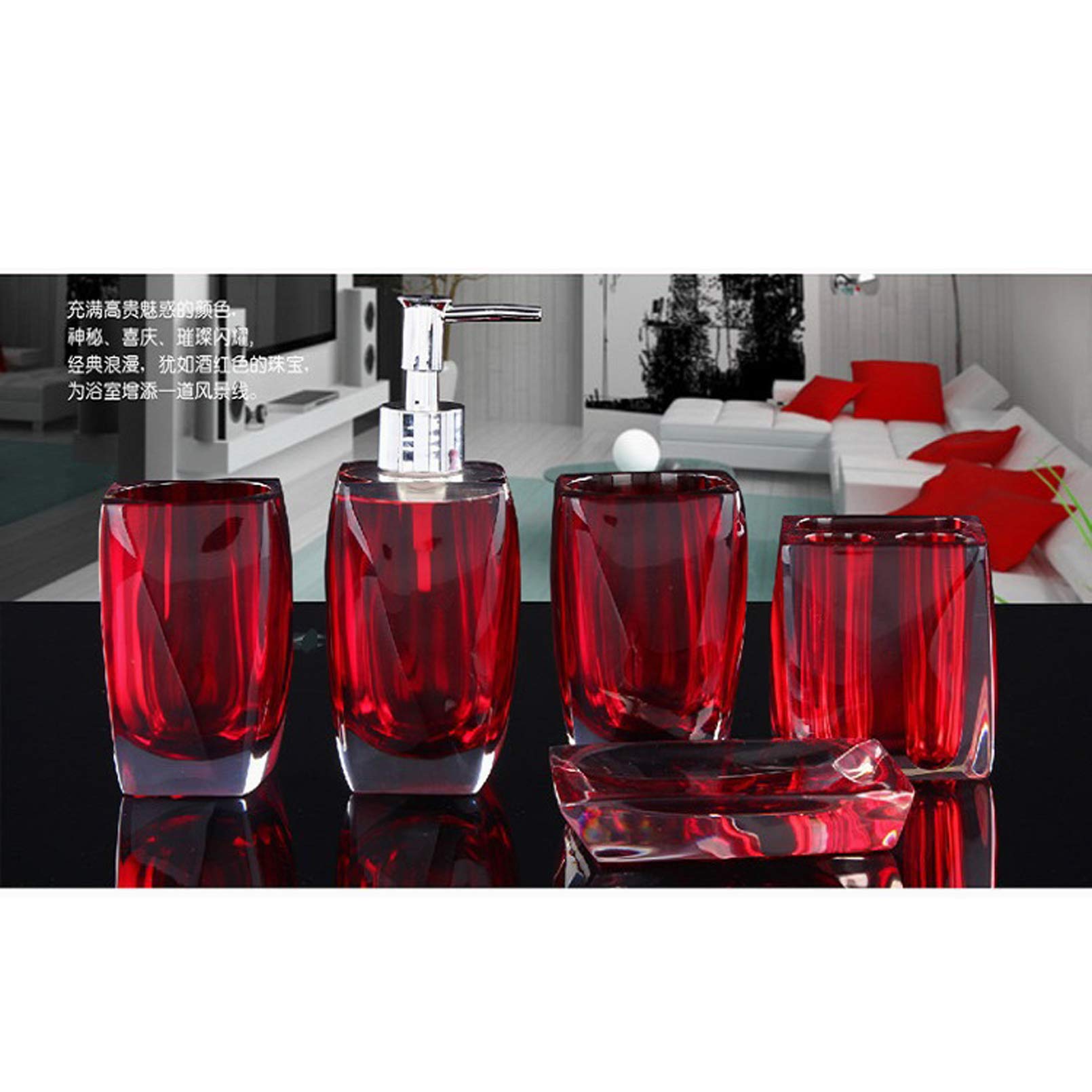 Cutfouwe Accesorios De Baño De 5 Piezas Conjunto De Baño Conjunto De Baño Accesorios De Baño Conjunto Accesorios De Baño De Resina, 2 Tazas De Cepillo De Dientes, Titular De Cepillo De Dientes,Rojo