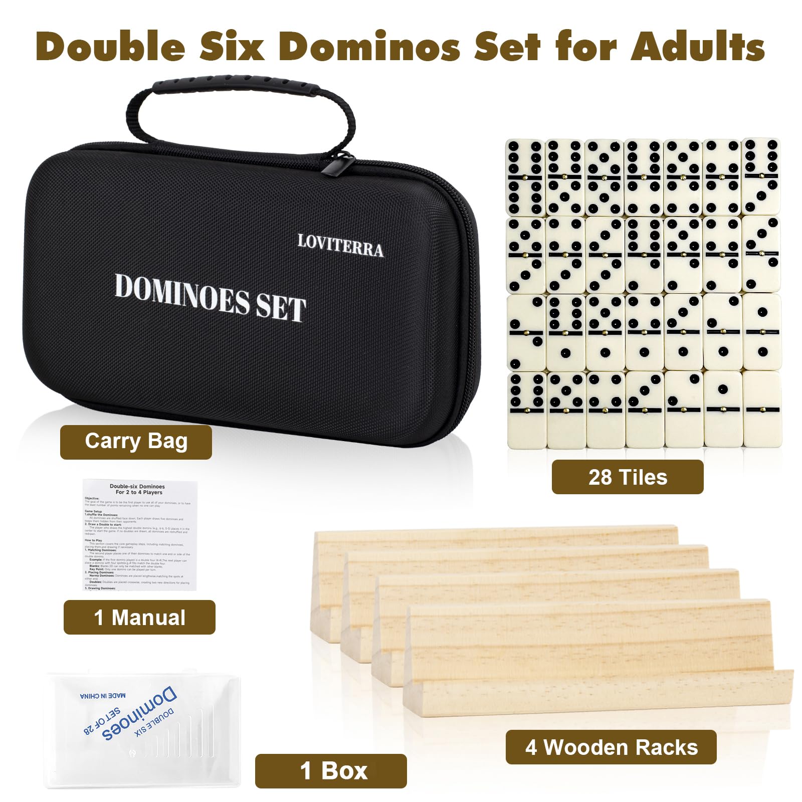 Double 6 Dominos Set for Adults, Durable 28 Tiles Dominos with 4 Wooden Racks and Carrying Case,Classic Board Games,Portable Travel Game