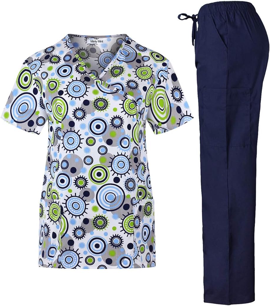 MedPro Women's Printed Medical Scrub Set Mock Wrap Top and Pants Green Blue XS