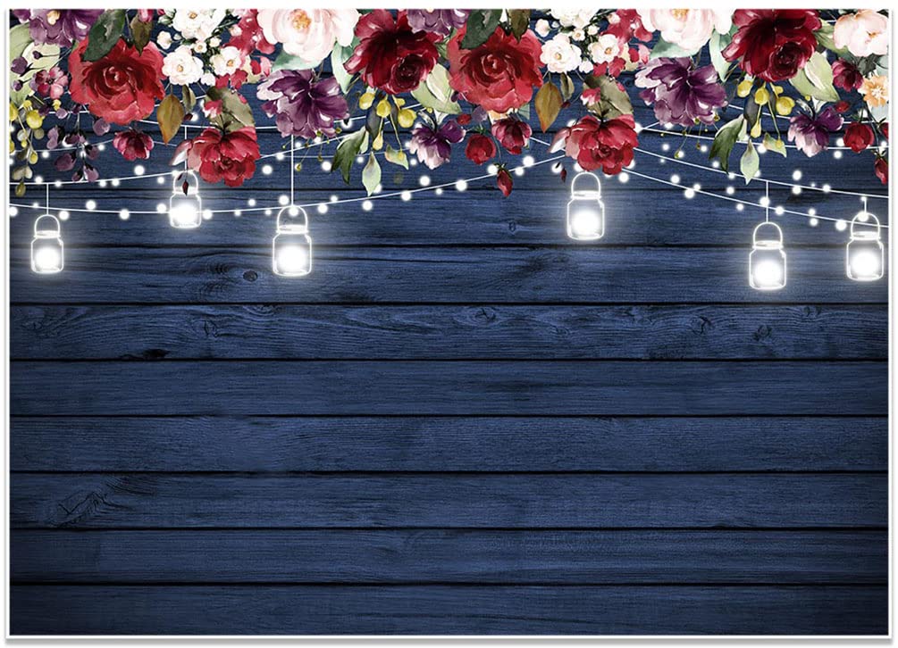 Avezano Burgundy Floral Navy Wood Backdrop for Bridal Shower Wedding Birthday Party Decoration Photography Background Rustic Blue Wood Jars Burgundy